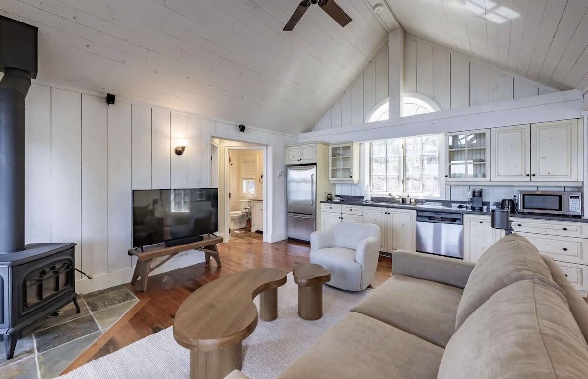 Boathouse living room with a wood stove, sofa, and kitchenette