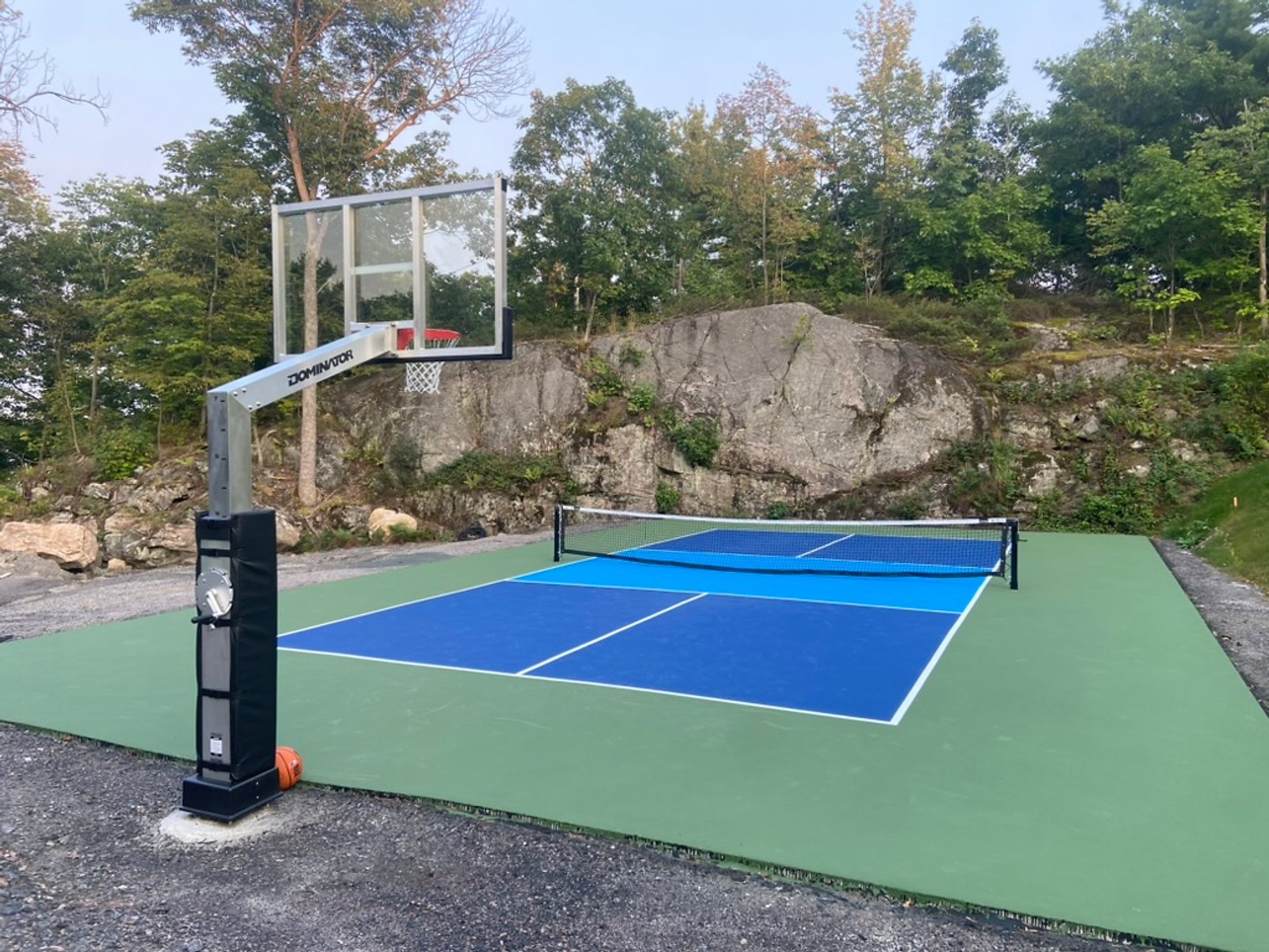 Looking down the private tennis and pickleball court